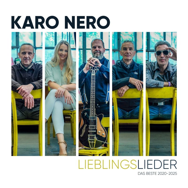 Cover der Vinyl-LP „Lieblingslieder“ von KARO NERO: die fünf Mitglieder auf gelben Stühlen